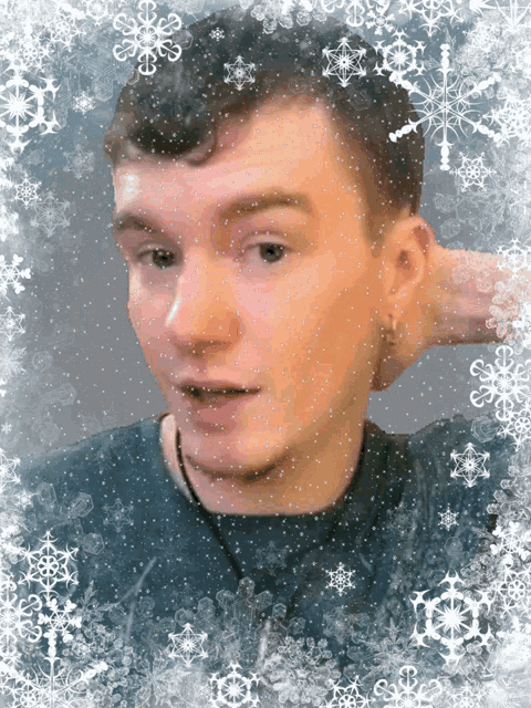 a man 's face is surrounded by snowflakes and ice