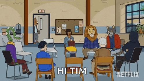 a group of people are sitting in a circle with the words hi tim written on the bottom