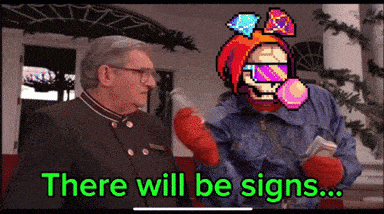 a man talking to a pixelated character that says there will be signs ..
