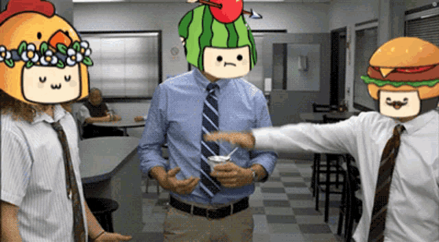 a man wearing a watermelon hat and a chicken hat