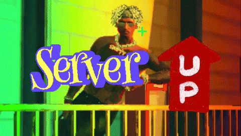 a man standing on a balcony with the word server above him