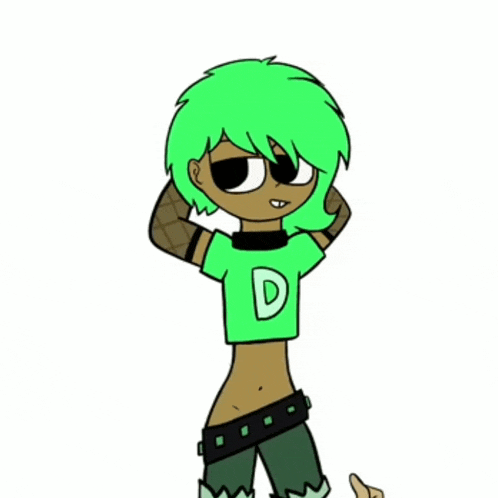 a cartoon girl with green hair is wearing a green shirt with the letter d on it .