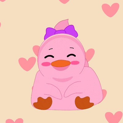 a pink duck with a purple bow surrounded by pink hearts