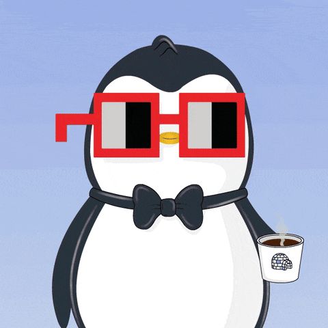 a penguin wearing red sunglasses and a bow tie holds a cup of coffee