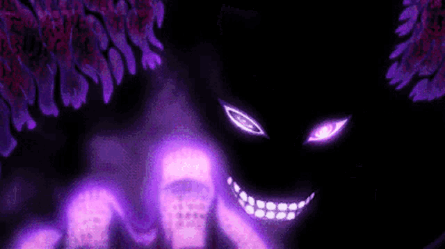 a cartoon character with purple eyes and a purple smile