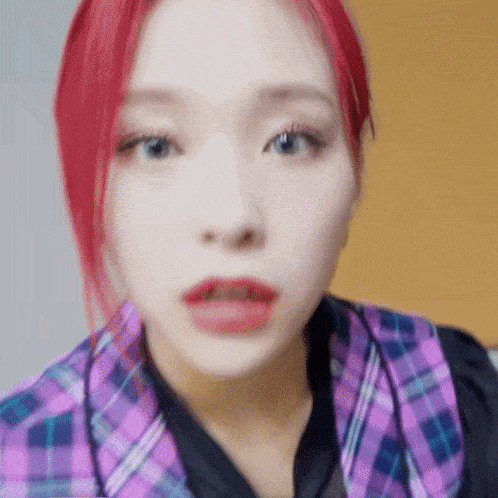 a close up of a woman 's face with red hair wearing a plaid shirt and a purple vest .