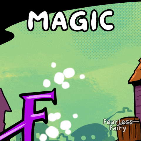 a cartoon drawing of a purple letter f with the words magic fearless fairy below it