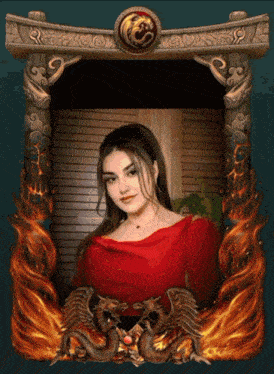 a woman in a red dress is surrounded by dragons