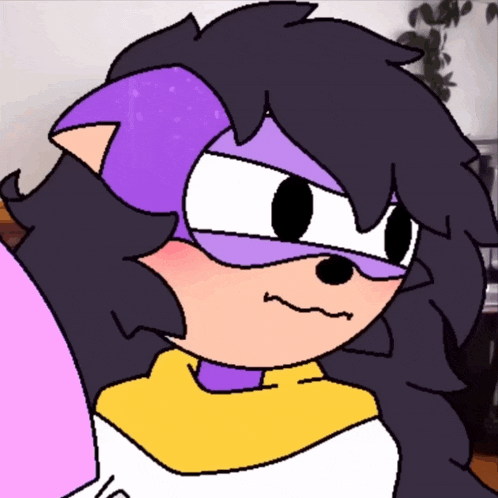 a close up of a cartoon character with purple hair and a yellow shirt