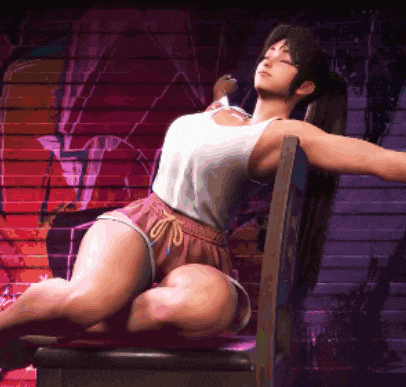 a woman in shorts and a white tank top is sitting on a chair with her arms outstretched