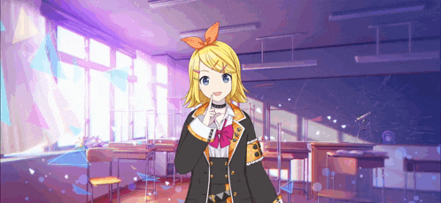 a girl with yellow hair and blue eyes is standing in a classroom .