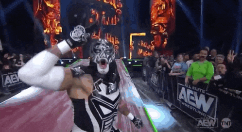 a wrestler in a mask is standing in front of a aew sign