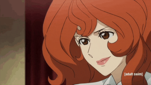 a close up of a woman with red hair and the words adult swim