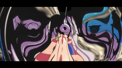 a woman with purple hair is surrounded by purple and blue swirls