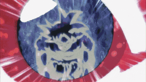a close up of a cartoon character 's eye with a red and blue background