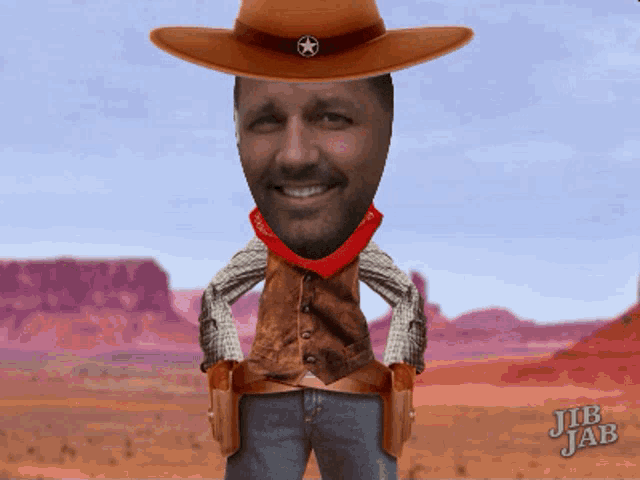 a cartoon of a man dressed as a cowboy with two guns