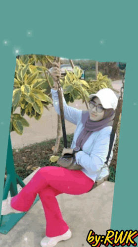 a picture of a woman sitting on a swing with the words by rwk on the bottom