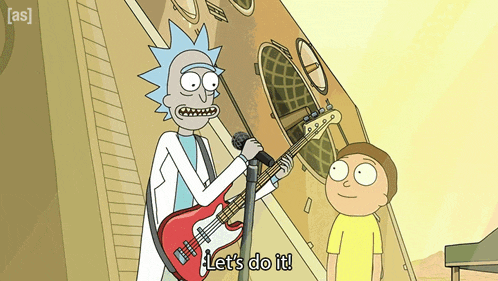 a cartoon character says let 's do it while playing a guitar