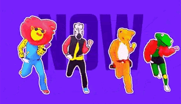 four cartoon characters are dancing in front of a purple background that says now watch me