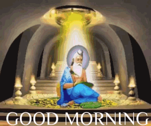 a man with a beard is sitting on a throne with the words good morning written below him