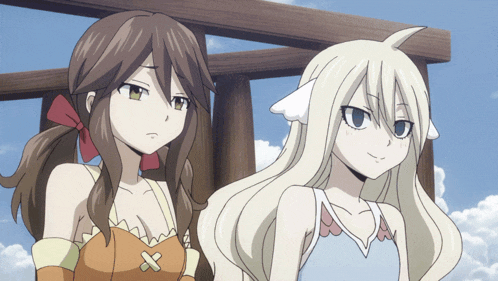 two anime girls are standing next to each other with a blue sky in the background