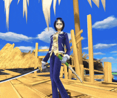 a cartoon character holding a sword in front of a wooden structure