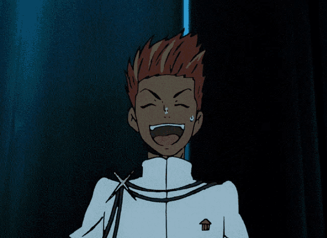a cartoon character with red hair and a white jacket has a cupcake on his chest
