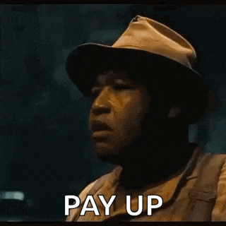 a man in overalls is holding out his hand with the words pay up written on it