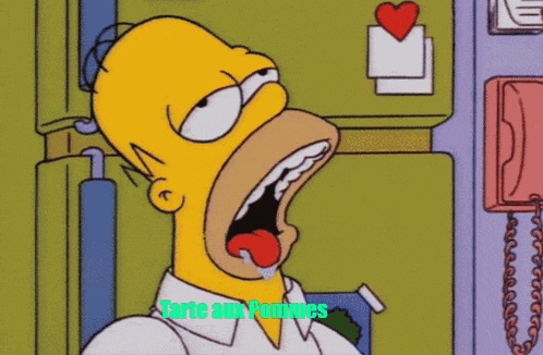 a cartoon of homer simpson with his mouth open and the words " tarte aux hommes " below him