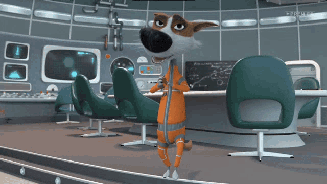 a cartoon dog is standing in a room with green chairs