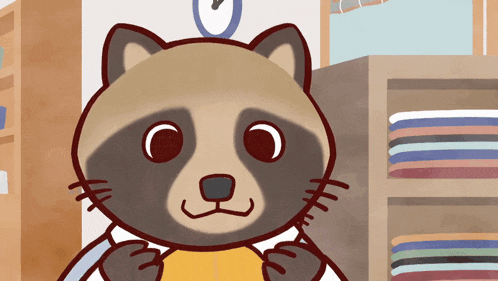 a cartoon drawing of a raccoon with a clock on top of his head