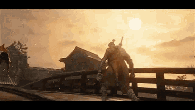 a man is walking across a bridge in a video game .