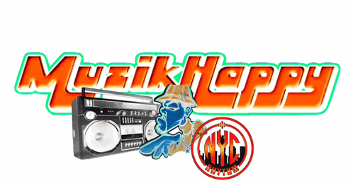 a logo for musik happy with a boombox