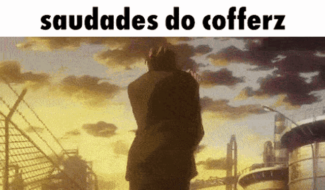a man in a suit is standing in front of a fence with the words saudades do cofferz written above him