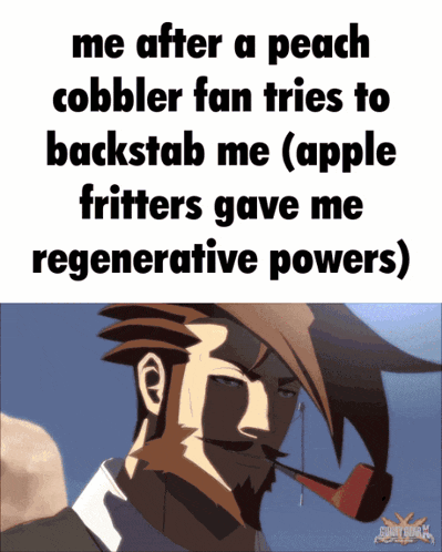 a cartoon of a man smoking a pipe with the caption me after a peach cobbler fan