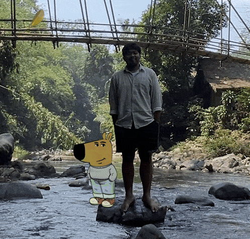 a man is standing in a river with a cartoon dog in front of him