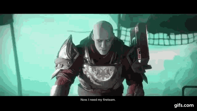 a bald man in armor is standing in a dark room and talking to someone in a video game .