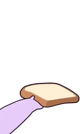 a pink cartoon rabbit is holding a piece of bread in its mouth .