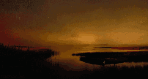 a painting of a lake with a starry night sky in the background