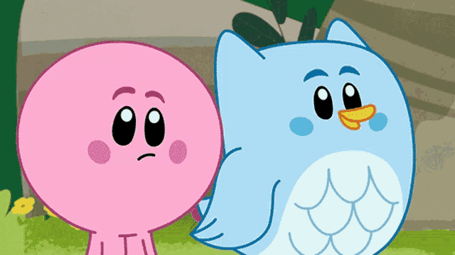 two cartoon characters one pink and one blue are standing next to each other and one has a sad look on his face