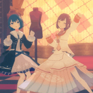 two anime girls dancing in front of mannequins