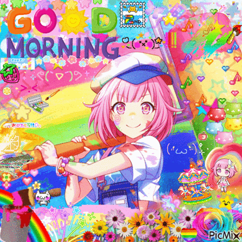 a girl with pink hair is holding a baseball bat with the words good morning written above her