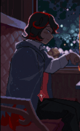a pixel art drawing of a person sitting in a chair