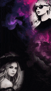 a woman wearing sunglasses and a black hat is surrounded by purple and pink smoke