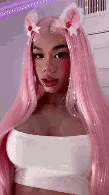 a girl with long pink hair and cat ears on her head