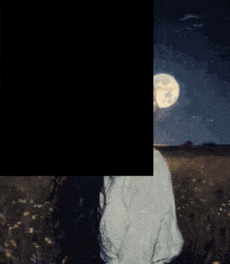 a painting of a woman in a field with a full moon in the background