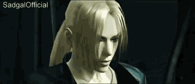 a close up of a person 's face in a video game with a dark background .