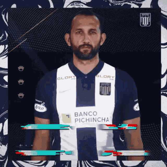 a man with a beard wears a shirt that says banco pichincha