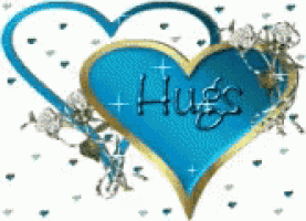 a blue and gold heart with the word hugs written on it