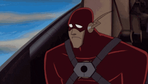 a cartoon character in a red superhero costume looks out a window
